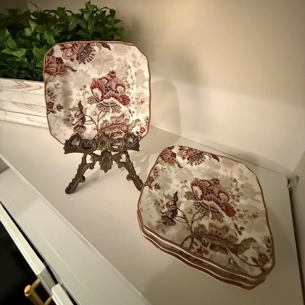 222 FIFTH GABRIELLE SQUARE SALAD PLATES Fine Porcelain China Indonesia Set of 4
